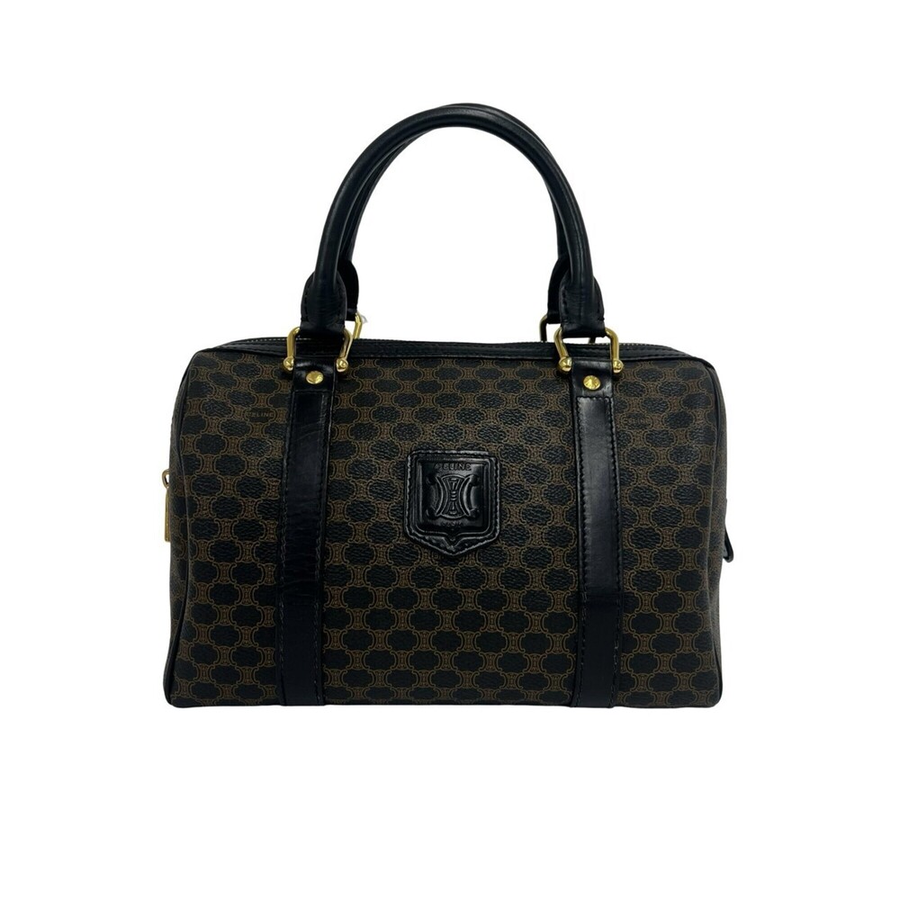 CELINE Vintage Macadam Blazon Logo Pattern Leather Mini Boston Bag Handbag Bl...